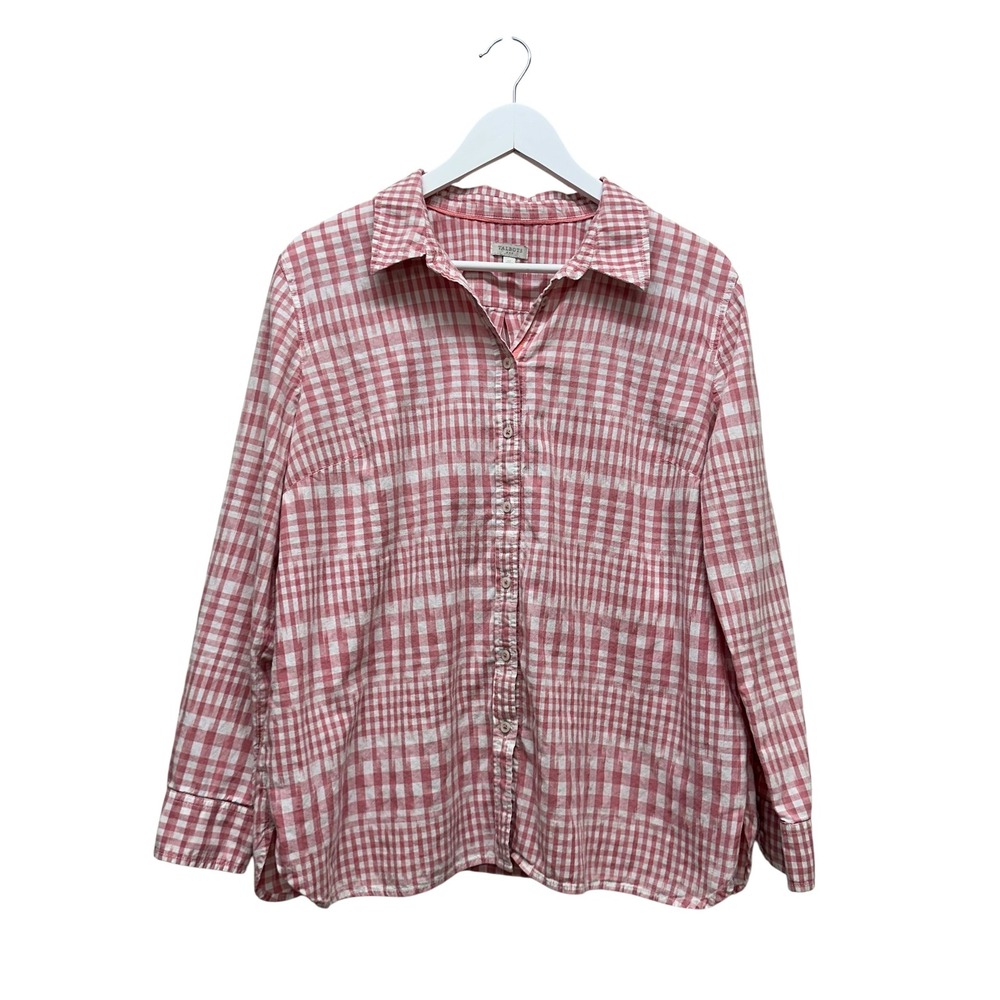 Talbots Women XL Pink White Gingham Cotton Button Down Shirt Long Sleeve Classic